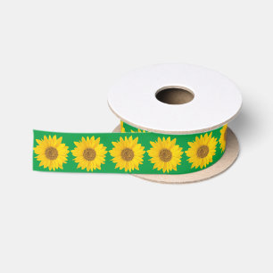 Yellow Sunflowers on Green Satin Ribbon