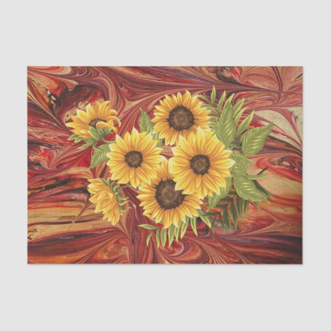 Yellow Sunflowers on Red Marble Decoupage Tissue P Paper (Front)