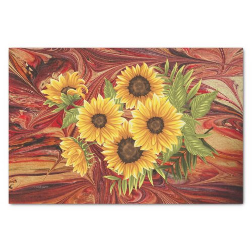 Yellow Sunflowers on Red Marble Decoupage Tissue P Tissue Paper