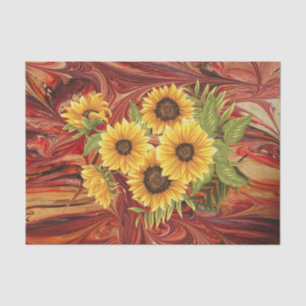 Yellow Sunflowers on Red Marble Decoupage Tissue P Tissue Paper