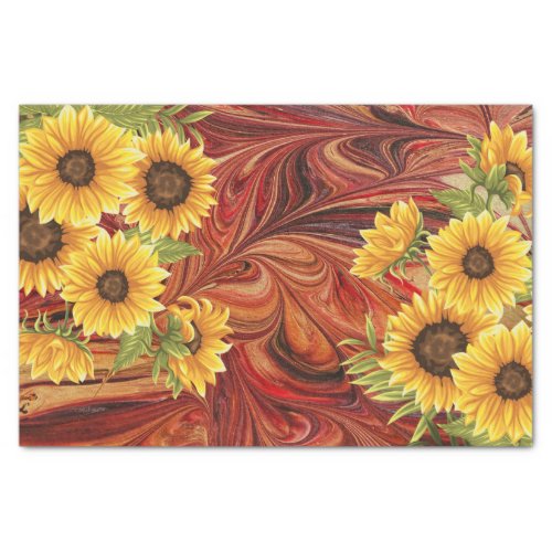 Yellow Sunflowers on Red Marble Decoupage Tissue Paper