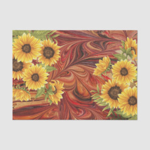 Yellow Sunflowers on Red Marble Decoupage Tissue Paper