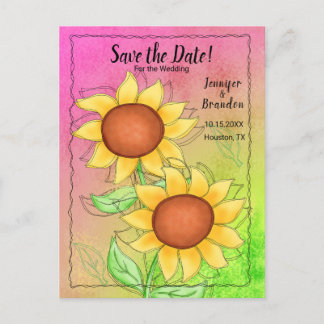 Yellow Sunflowers on Textured Pink Green Floral Announcement Postcard