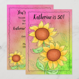 Yellow Sunflowers on Textured Pink Green Floral Invitation