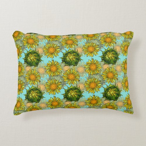 Yellow Sunflowers Pattern with Foliage and Buds   Accent Pillow