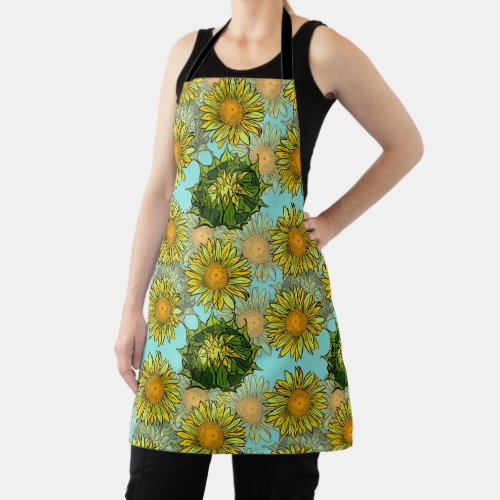 Yellow Sunflowers Pattern with Foliage and Buds    Apron