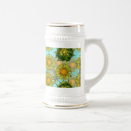 Yellow Sunflowers Pattern with Foliage and Buds    Beer Stein