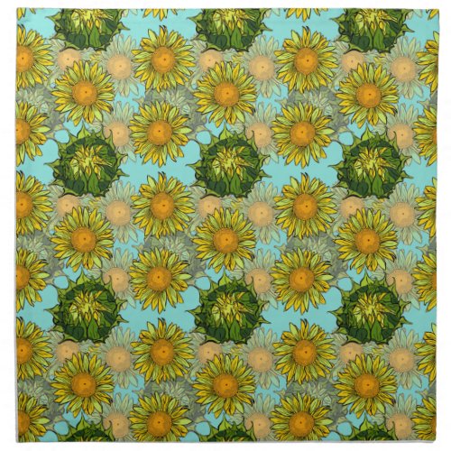 Yellow Sunflowers Pattern with Foliage and Buds    Cloth Napkin