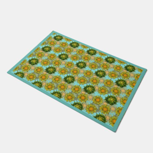 Yellow Sunflowers Pattern with Foliage and Buds  Doormat