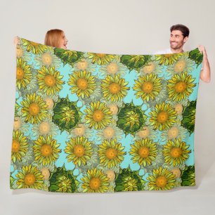 Yellow Sunflowers Pattern with Foliage and Buds Fleece Blanket