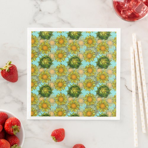 Yellow Sunflowers Pattern with Foliage and Buds    Paper Dinner Napkins