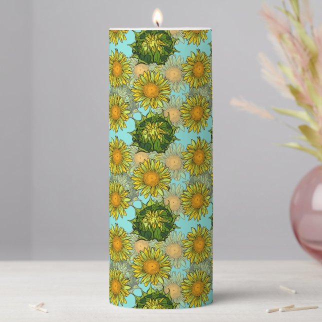 Yellow Sunflowers Pattern with Foliage and Buds    Pillar Candle (In Situ)