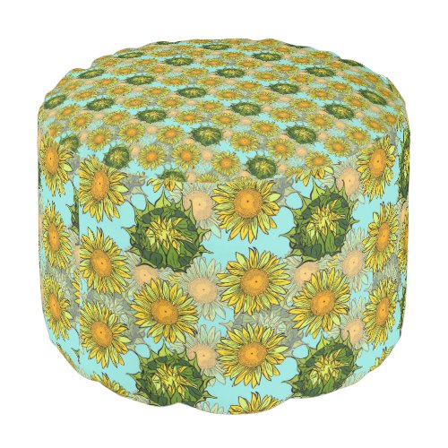 Yellow Sunflowers Pattern with Foliage and Buds   Pouf