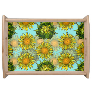 Yellow Sunflowers Pattern with Foliage and Buds Serving Tray