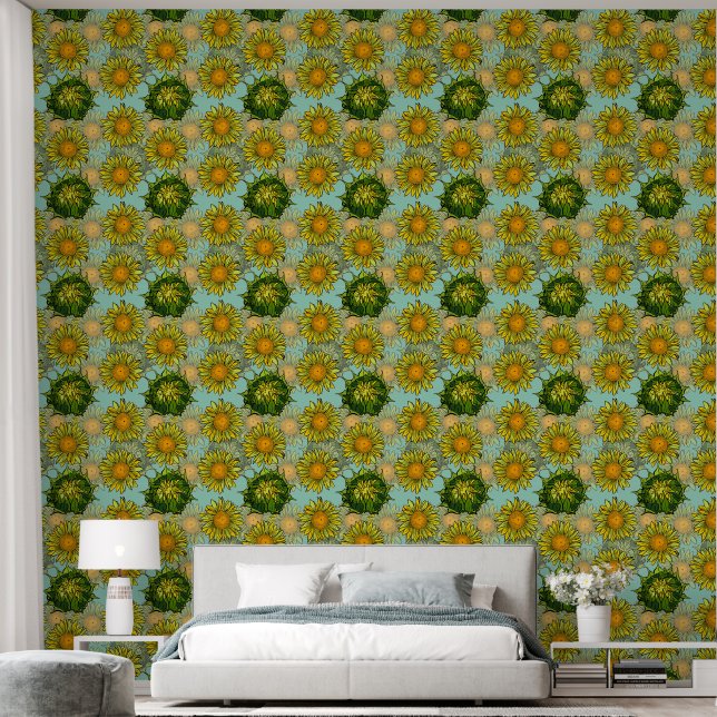 Yellow Sunflowers Pattern with Foliage and Buds Wallpaper (Bedroom)