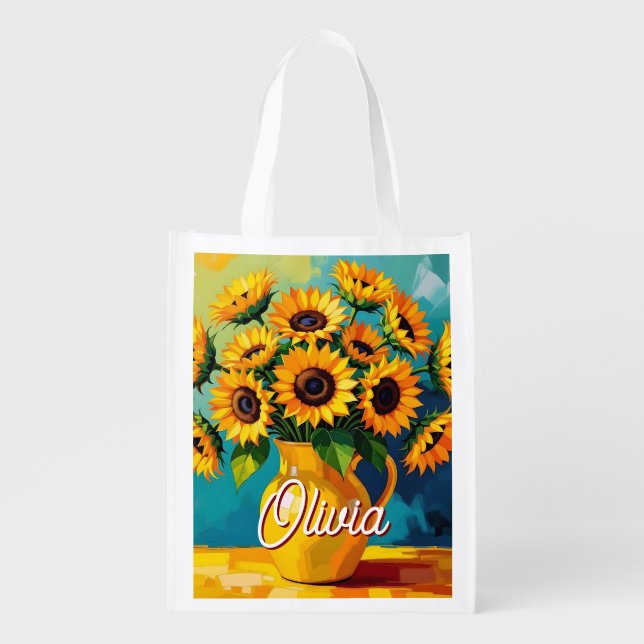 Yellow Sunflowers Perosnalized Grocery Bag (Front)