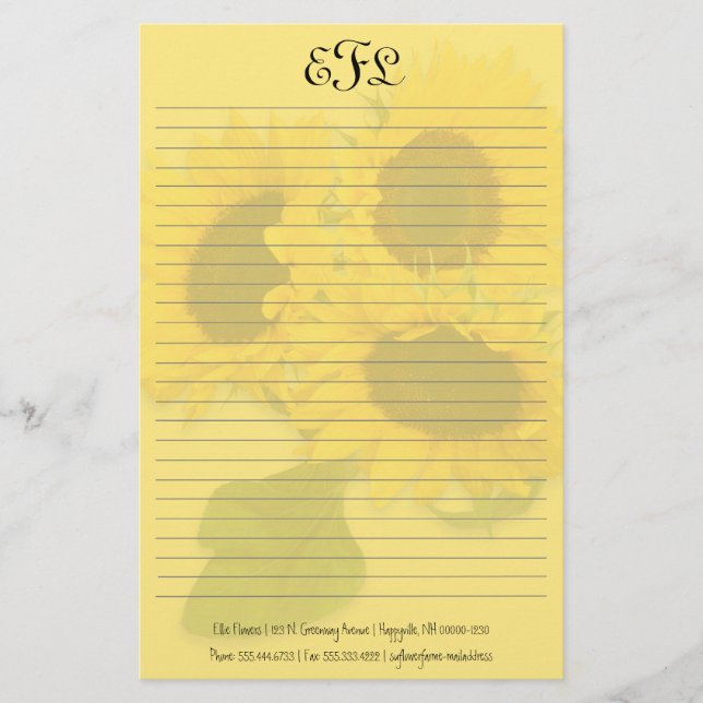 Yellow Sunflowers Personal Monogram Writing Paper (Front)