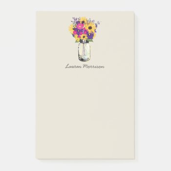 Yellow Sunflowers Pink Purple Floral Mason Jar Post-it Notes by labellarue at Zazzle