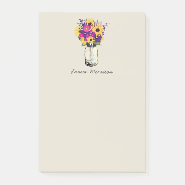 Yellow Sunflowers Pink Purple Floral Mason Jar Post-it Notes (Front)
