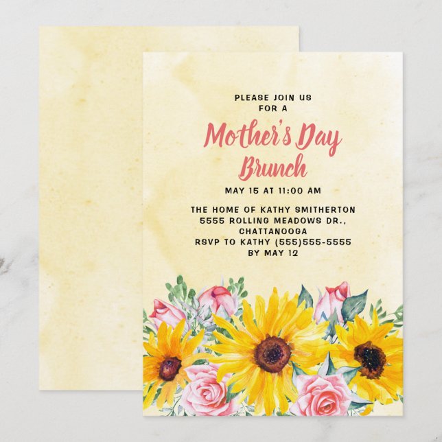 Yellow Sunflowers Pink Roses Mother's Day Brunch   Invitation (Front/Back)