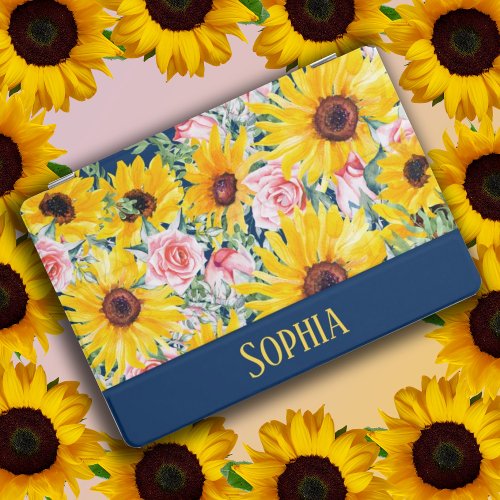 Yellow Sunflowers Pink Roses Navy Blue Name iPad Pro Cover