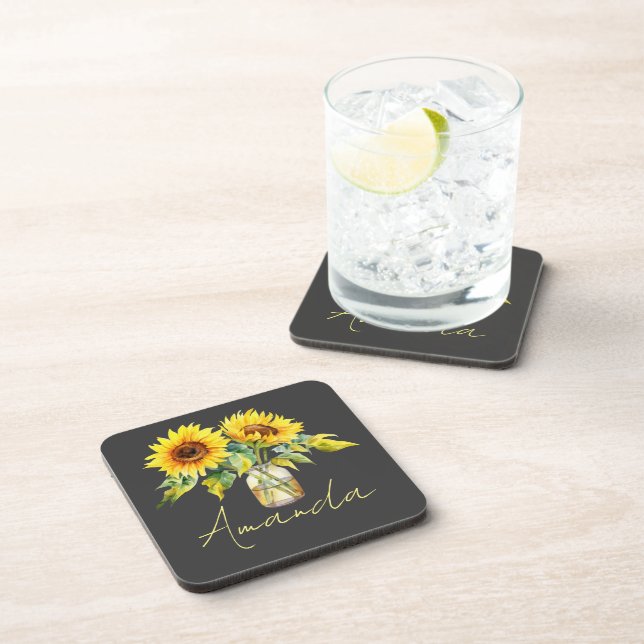 Yellow Sunflowers Pretty Black Minimalist Name Beverage Coaster (Right Side)