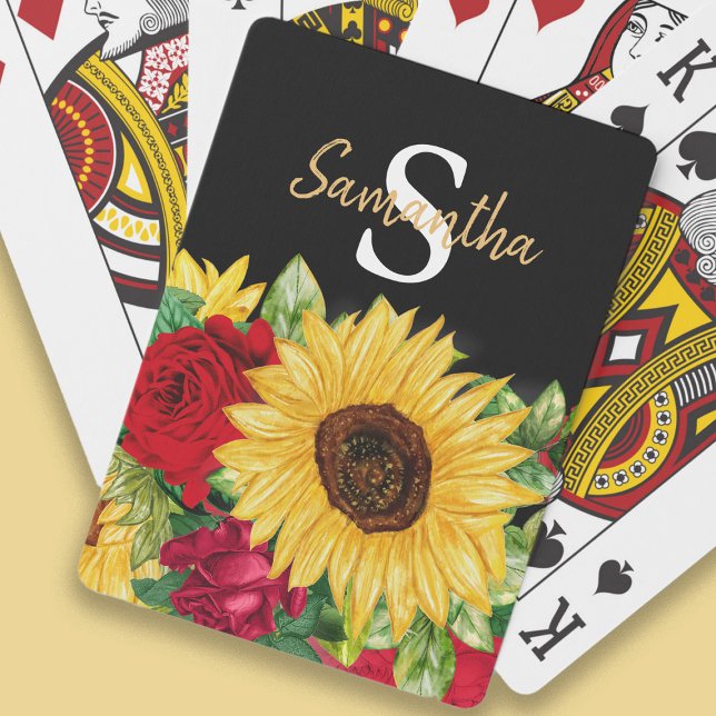 Yellow Sunflowers Red Roses Black Monogram Poker Cards (Sunflowers and roses on black playing cards personalized with your monongram)