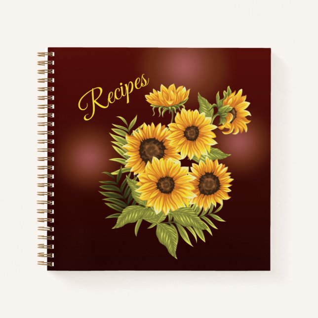 Yellow Sunflowers Rustic Brown Summer Recipes Notebook (Front)