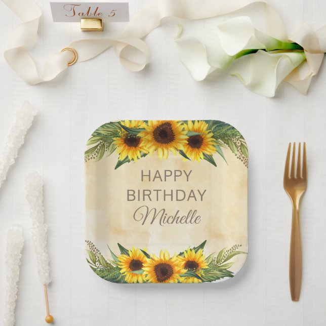 Yellow Sunflowers Rustic Country Happy Birthday  Paper Plates (Wedding)