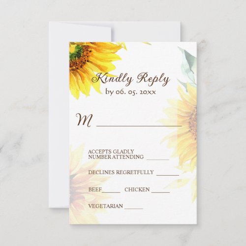 Yellow Sunflowers Rustic Floral Watercolor Wedding RSVP Card