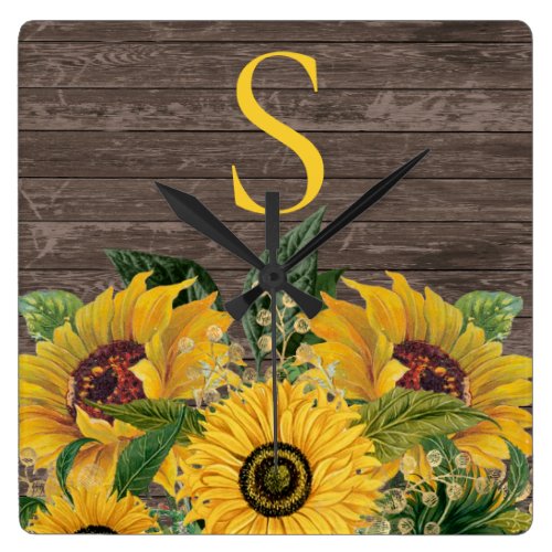 Yellow Sunflowers Rustic Wood Country Monogram Square Wall Clock