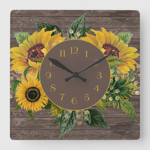 Yellow Sunflowers Rustic Wood Country Square Wall Clock