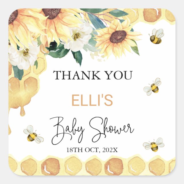 Yellow Sunflowers Sweet As Can Bee Baby Shower Square Sticker (Front)