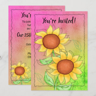 Yellow Sunflowers Textured Pink Green Anniversary Invitation