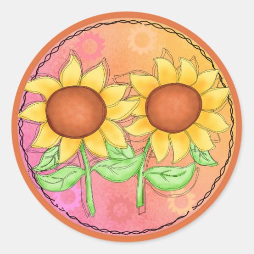 Yellow Sunflowers Textured Pink Green Floral Classic Round Sticker