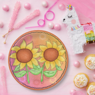 Yellow Sunflowers Textured Pink Green Floral Paper Plates