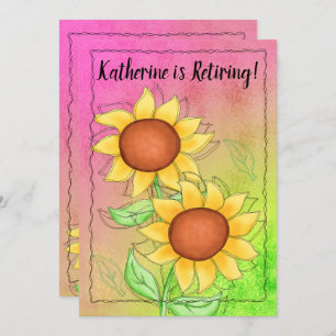 Yellow Sunflowers Textured Pink Green Retirement Invitation