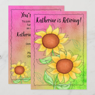 Yellow Sunflowers Textured Pink Green Retirement Invitation