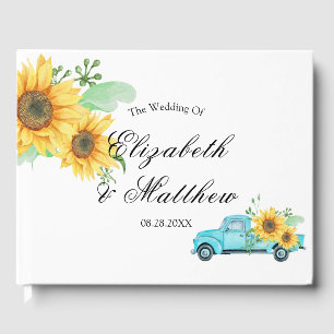 Yellow Sunflowers Turquoise Vintage Truck Wedding Guest Book