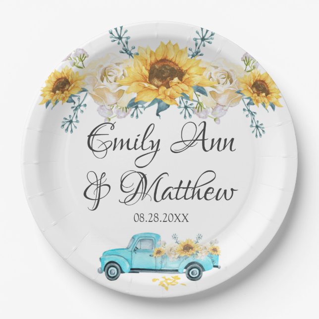Yellow Sunflowers Turquoise Vintage Truck Wedding Paper Plates (Front)
