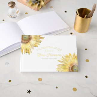 Yellow Sunflowers Watercolor Celebration of Life Foil Guest Book