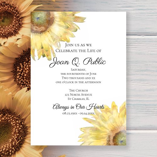 Yellow Sunflowers Watercolor Celebration of Life  Invitation