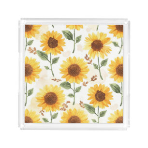 Yellow Sunflowers Watercolor Floral Whimsical Acrylic Tray