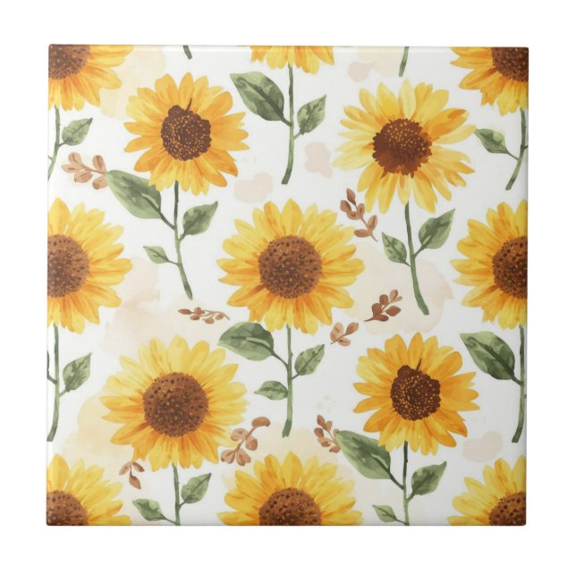 Yellow Sunflowers Watercolor Floral Whimsical Ceramic Tile (Front)