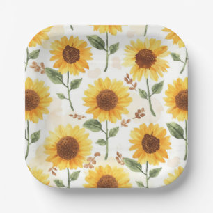 Yellow Sunflowers Watercolor Floral Whimsical Paper Plates