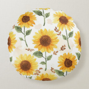 Yellow Sunflowers Watercolor Floral Whimsical Round Pillow