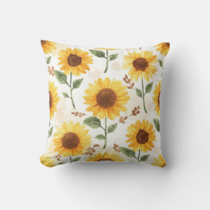 Yellow Sunflowers Watercolor Floral Whimsical Throw Pillow