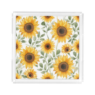 Yellow Sunflowers Watercolor Flower Painting Acrylic Tray