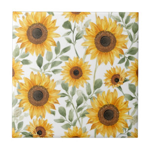 Yellow Sunflowers Watercolor Flower Painting Ceramic Tile