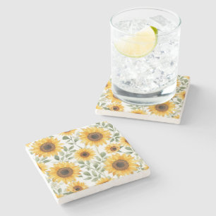 Yellow Sunflowers Watercolor Flower Painting Stone Coaster